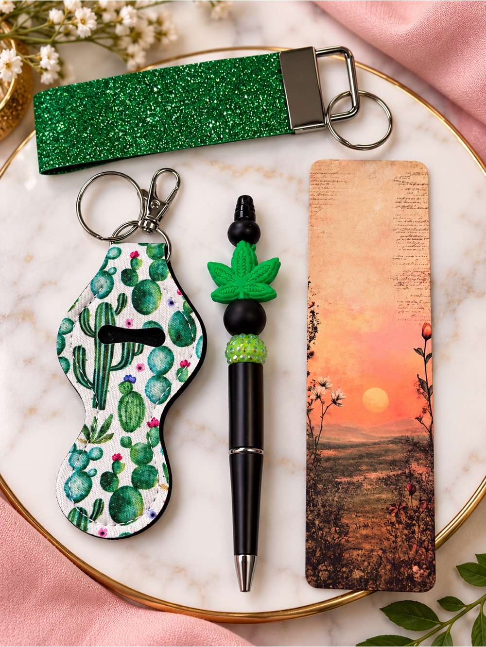 Green Cactus Lip Balm Holder Keychain with Glitter Wristlet